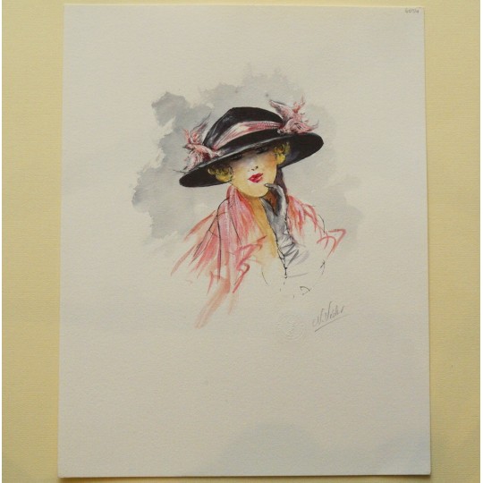 Gravure de mode originale chapeau ruban rose Gravure de mode originale chapeau ruban rose