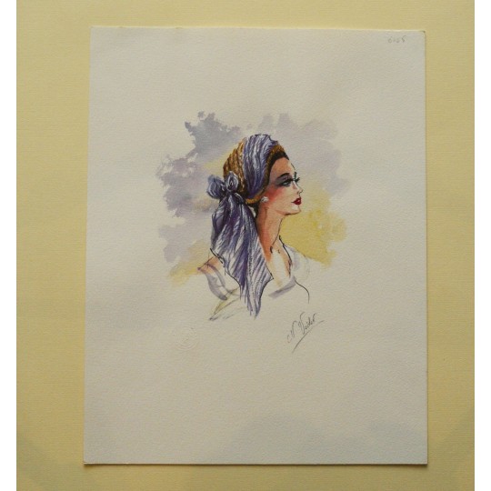 Gravure de mode originale chapeau ruban mauve Gravure de mode originale chapeau ruban mauve