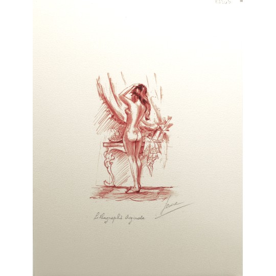 Gravure lithographie nu de femme sanguine devant la coiffeuse Gravure lithographie nu de femme sanguine devant la coiffeuse