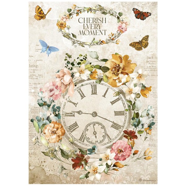 Papier de riz Garden of Promises cherish every moment clock Stamperia A4