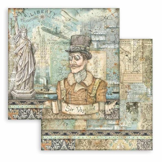 Feuille scrapbooking Stamperia Sir Vagabond Aviator Statue of Liberty 30x30cm