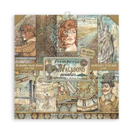 Papier scrapbooking Sir Vagabond Aviator Stamperia 10f 30x30 assortiment
