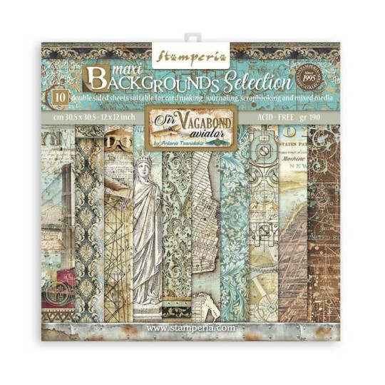 Papier scrapbooking assortiment Stamperia Maxi Background Sir Vagabond Aviator 10f 30x30