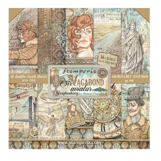 Papier scrapbooking Sir Vagabond Aviator Stamperia 10f 20x20 assortiment