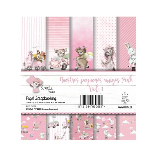 Papier scrapbooking Amelie Prager Nuestros Pequeno Amigos Pink Vol.1 6fe 30x30 assortiment