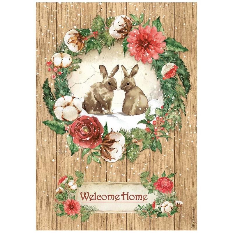 Papier de riz Romantic Home for the holidays welcome home bunnies Stamperia A4