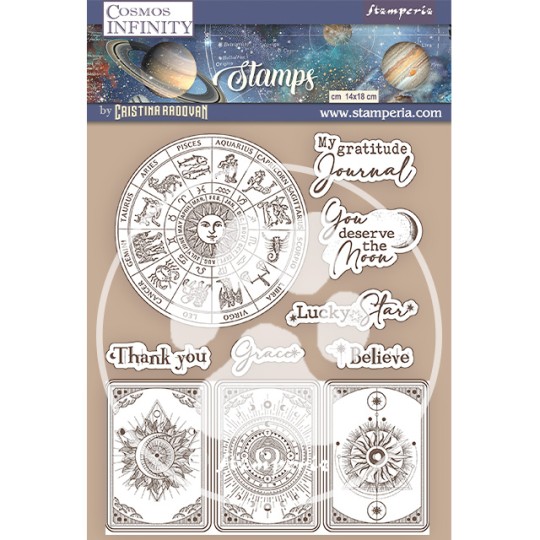 Tampon caoutchouc Cosmos Infinity zodiaque et cartes 14x18 Stamperia