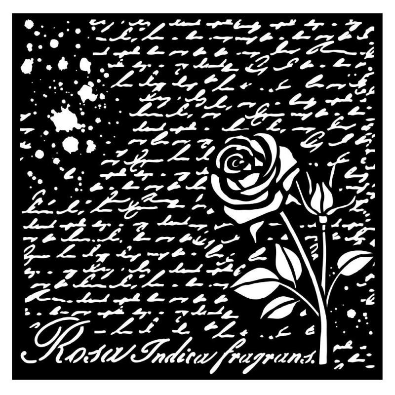 Pochoir décoratif Rose Parfum manuscrit avec des roses 18x18cm Stamperia