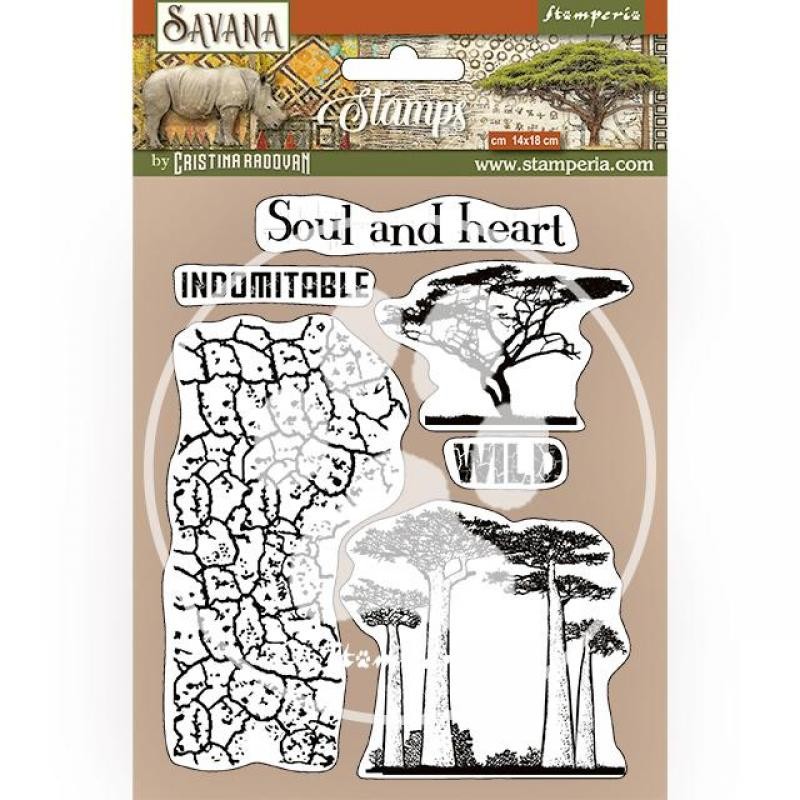 Tampon caoutchouc Savana craquement et arbre 14x18 Stamperia