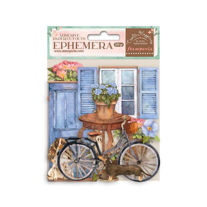 Die Cuts Ephémère papier adhesif Create Happiness Welcome Vélo et Fleurs Stamperia