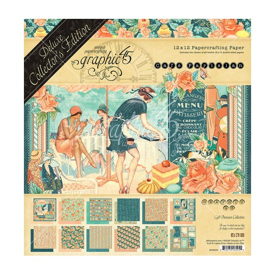 Papier scrapbooking Graphic 45 Café Parisian Deluxe Collector's Edition recto verso 30x30 24fe assortiment