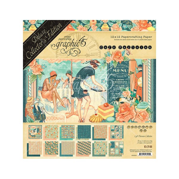 Papier scrapbooking Graphic 45 Café Parisian Deluxe Collector's Edition recto verso 30x30 24fe assortiment