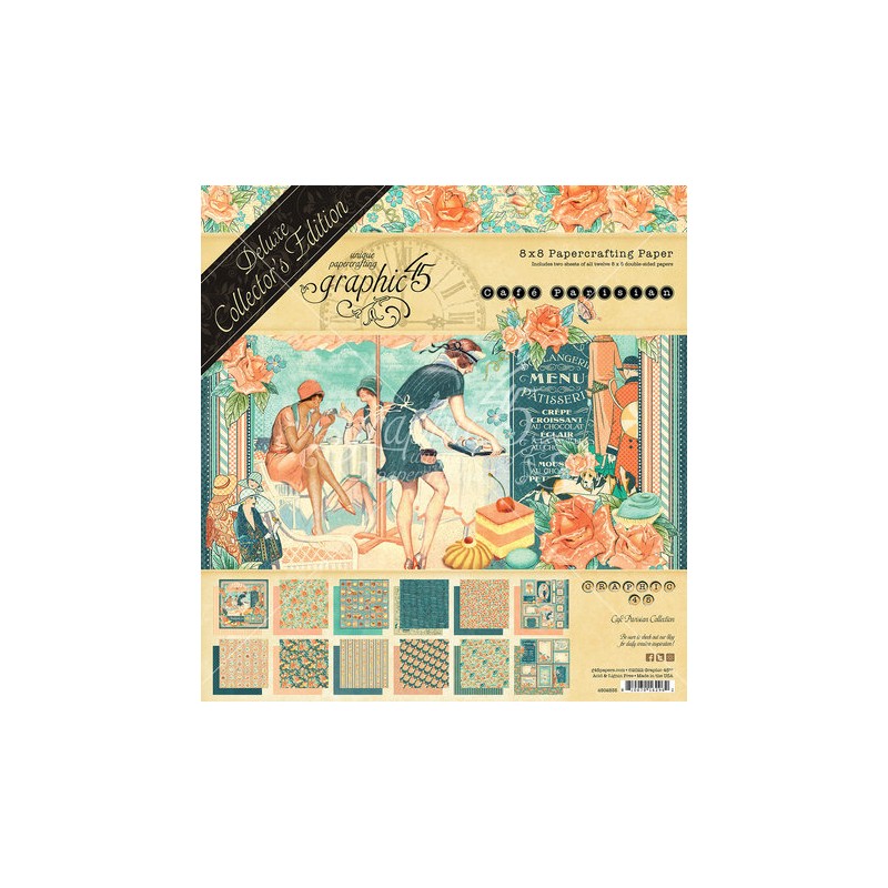 Papier scrapbooking Graphic 45 Café Parisian Deluxe Collector's Edition recto verso 20x20 24fe assortiment