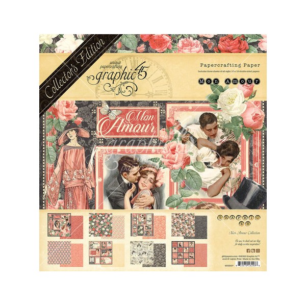 Papier scrapbooking Graphic 45 Mon Amour Deluxe Collector's Edition recto verso 30x30 24fe assortiment