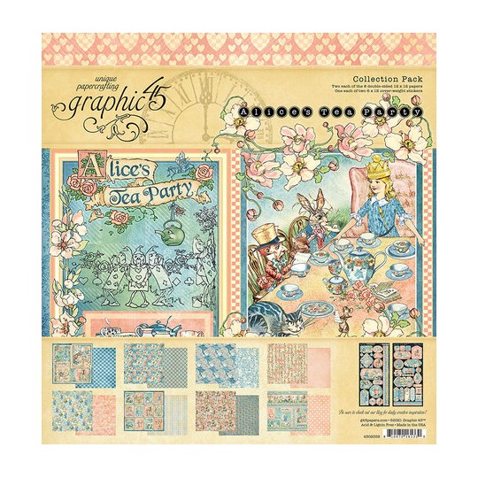 Papier scrapbooking Graphic 45 Alice's Tea Party recto verso 30x30 16fe assortiment