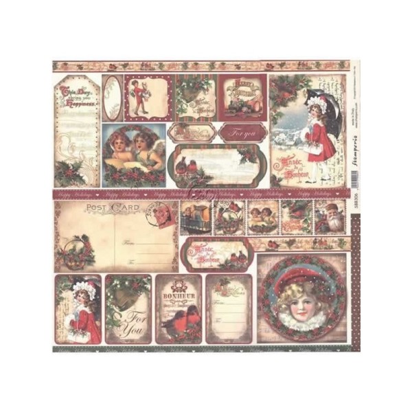 Feuille scrapbooking Stamperia Christmas Tags Vintage I 30x30 double face
