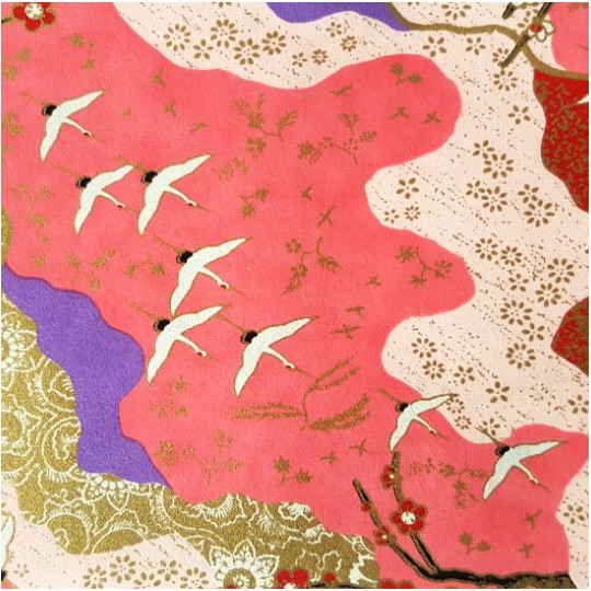 Papier japonais washi Grues et Cerisiers japonais fond rose Papier japonais washi Grues et Cerisiers japonais fond rose