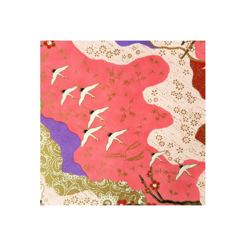Papier japonais washi Grues et Cerisiers japonais fond rose