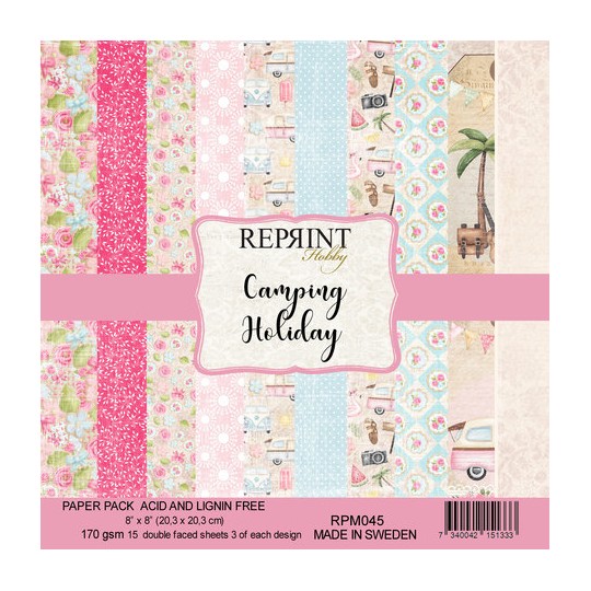 Papier scrapbooking Reprint Hobby Camping Holiday recto verso 20x20 15fe assortiment