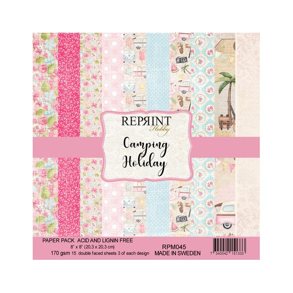 Papier scrapbooking Reprint Hobby Camping Holiday recto verso 20x20 15fe assortiment