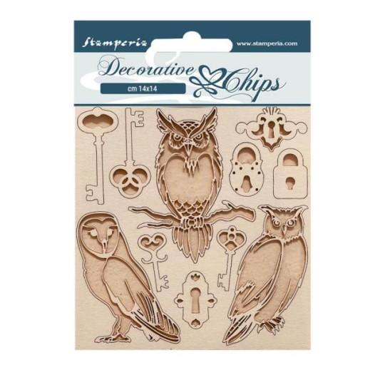 Chipboard carton Vintage Library Clés et hiboux Stamperia 14x14cm