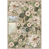 Papier de riz Vintage Library fleurs et lettres Stamperia A4