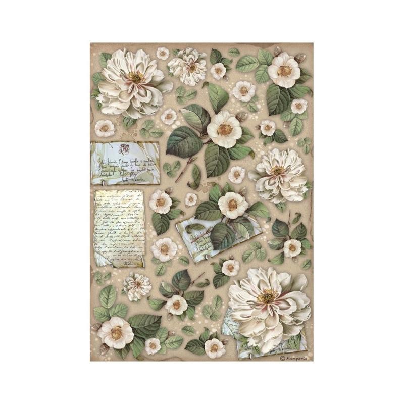 Papier de riz Vintage Library fleurs et lettres Stamperia A4