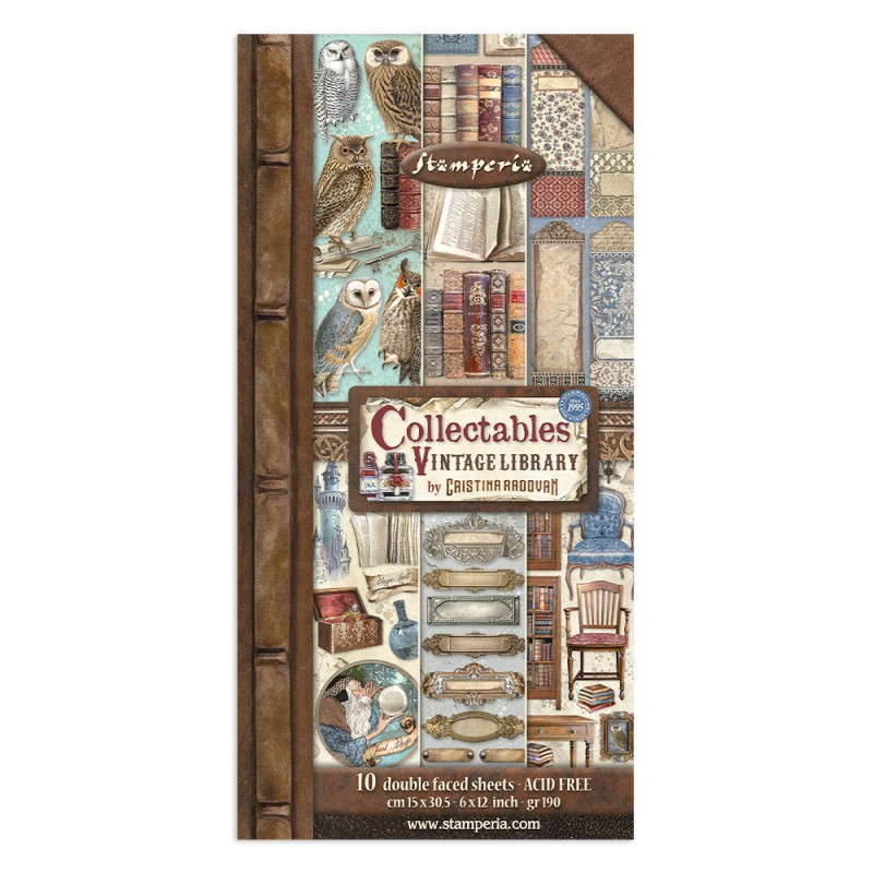 Papier scrapbooking Collectables Vintage Library Stamperia 10f 15x30 recto verso assortiment