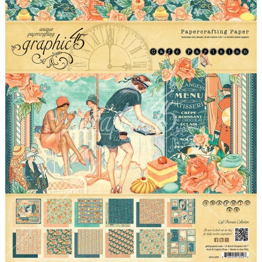 Papier scrapbooking Graphic 45 Café Parisian recto verso 30x30 24fe assortiment