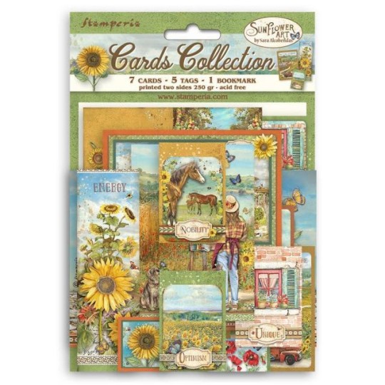 Collection cartes Stamperia 7 cartes 5 tag 1 signet 10x15cm Sunflower Art