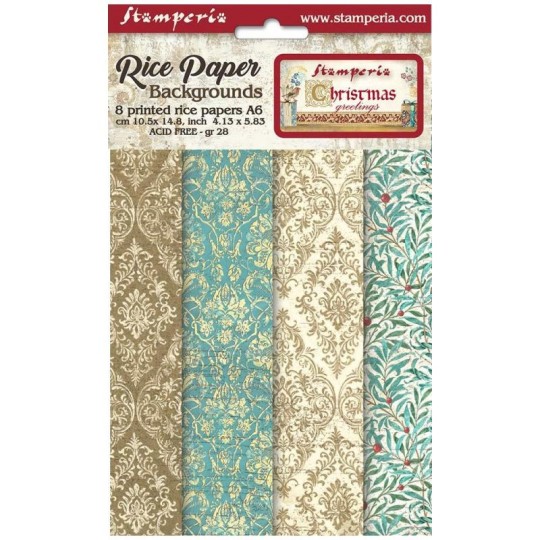Kit 8 papiers de riz Christmas Greetings 4 cartes Stamperia A6