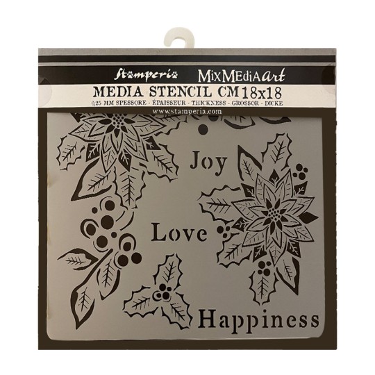Pochoir décoratif Christmas Joy, Love, Happiness 18x18cm Stamperia