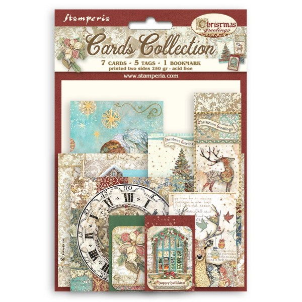 Collection cartes Christmas Greetings Stamperia 7 cartes 5 tag 1 signet 10x15cm