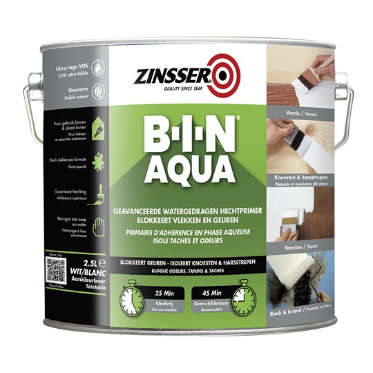 Primaire anti tanin BIN AQUA Zinsser 2.5L résine shellac synthétique blanc intérieur