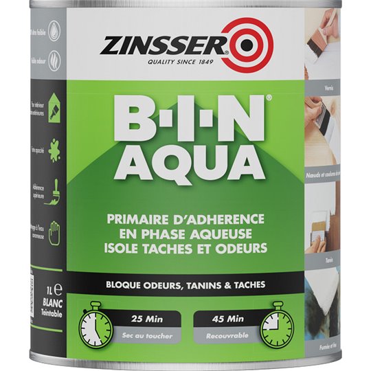 Primaire anti tanin BIN AQUA Zinsser 1L résine shellac synthétique blanc intérieur