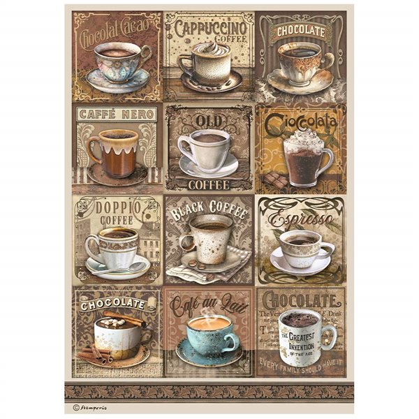 papier de riz Coffee and Chocolate tags avec tasses Stamperia A4