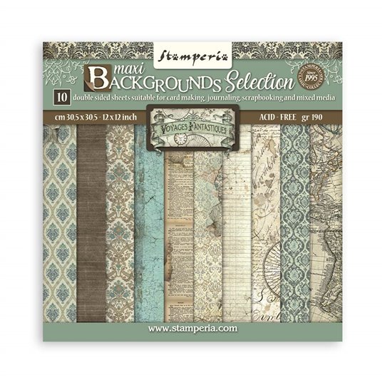 Papier scrapbooking assortiment Stamperia Maxi Background selection - Voyages Fantastiques 10f 30x30