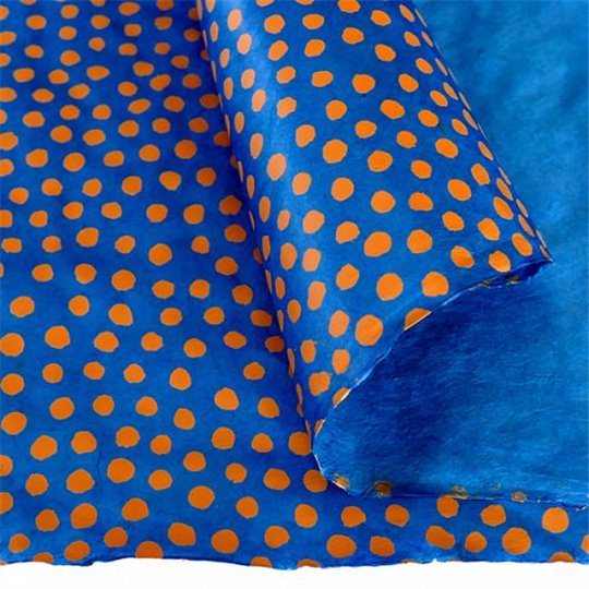 Papier népalais lokta points orange fond bleu