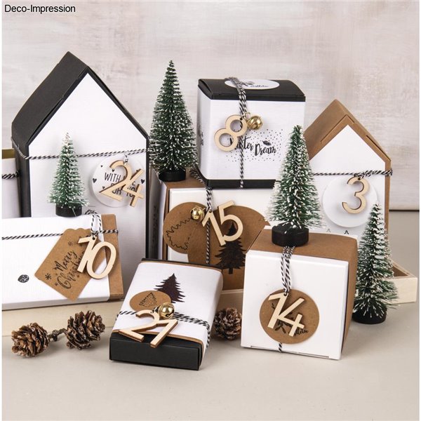 Chiffres bruts en bois Calendrier de l'avent Noël 3cm + ficelle