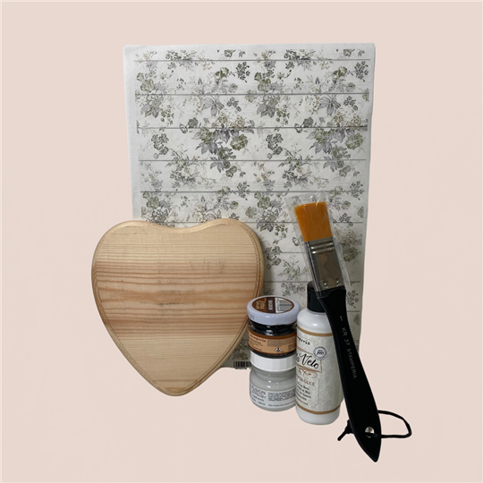 Pack Créatif papier de riz sur coeur en bois et patine
