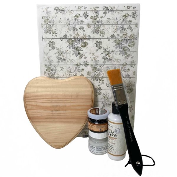 Pack Créatif papier de riz sur coeur en bois et patine