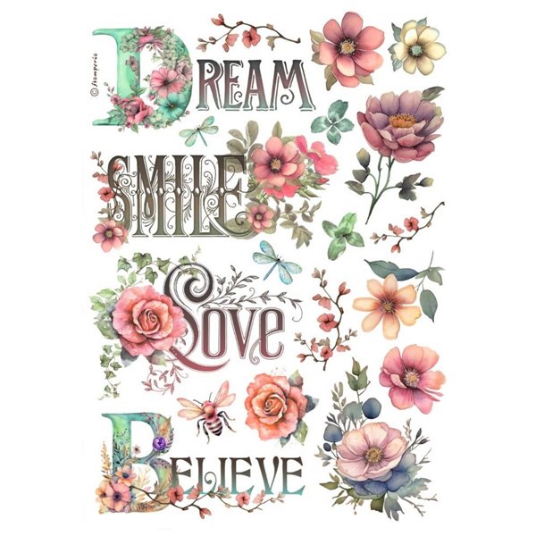 Papier de riz Stamperia Rever sourire aimer croire A4