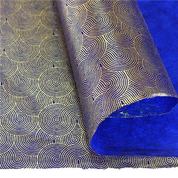 Papier népalais lokta LamaLi Méandres Precieux doré sur bleu