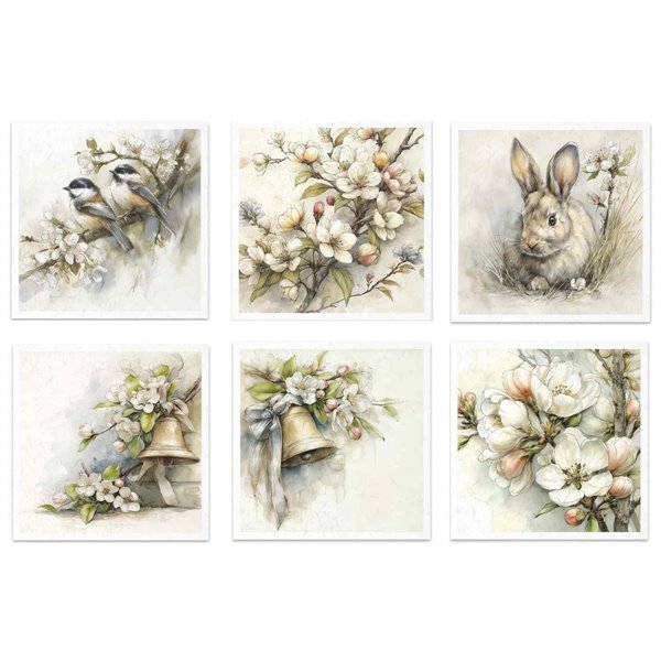 Assortiment papiers de riz x6 15x15cm oiseaux lapins fleurs