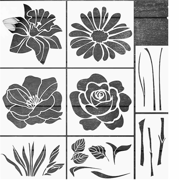 Pochoir décoratif grandes fleurs botaniques en 8 pièces composables