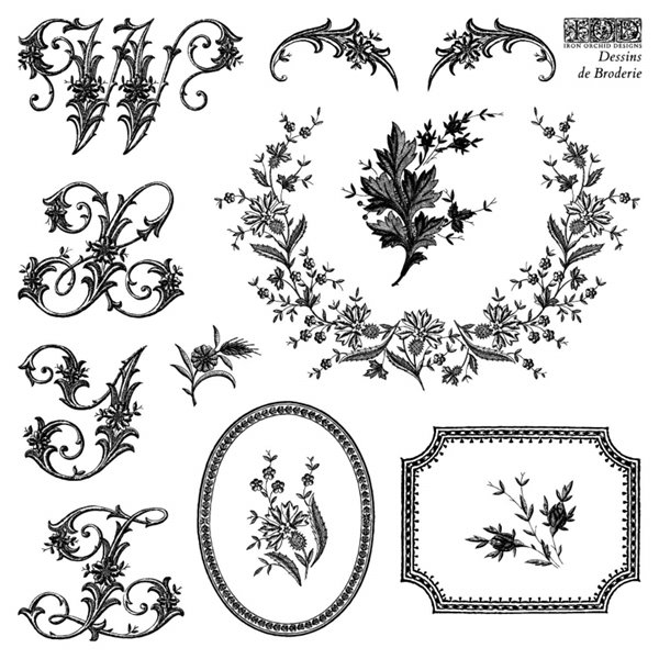 Tampons IOD Dessins de broderie 15x15cm set multiples tampons sur 4 planches / SUR COMMANDE