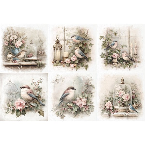 Assortiment papiers de riz x6 15x15cm oiseaux et fleurs