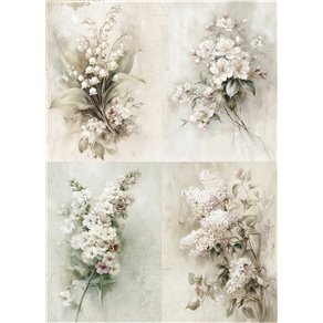 Papier de riz A4 4 magnifiques fleurs tulipe lys pivoine rose