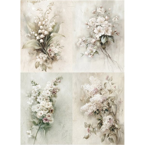 Papier de riz A4 4 magnifiques fleurs tulipe lys pivoine rose