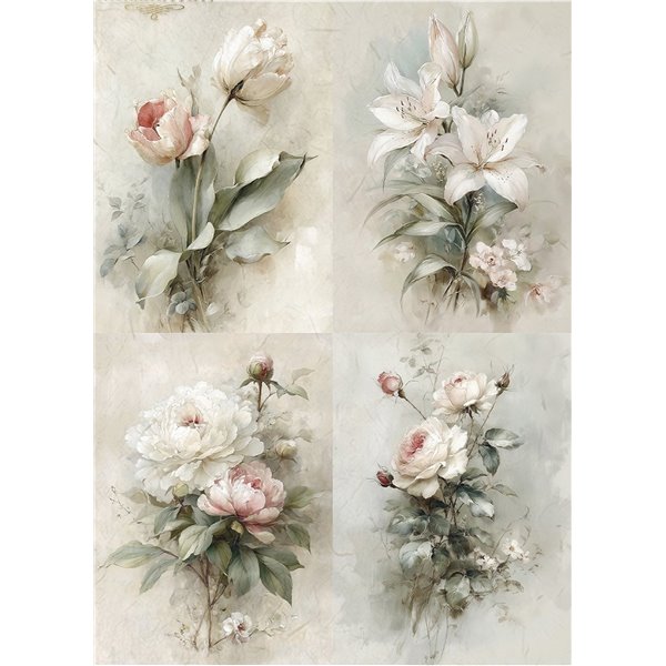 Papier de riz A4 4 magnifiques fleurs muguet pommier jasmin lilas